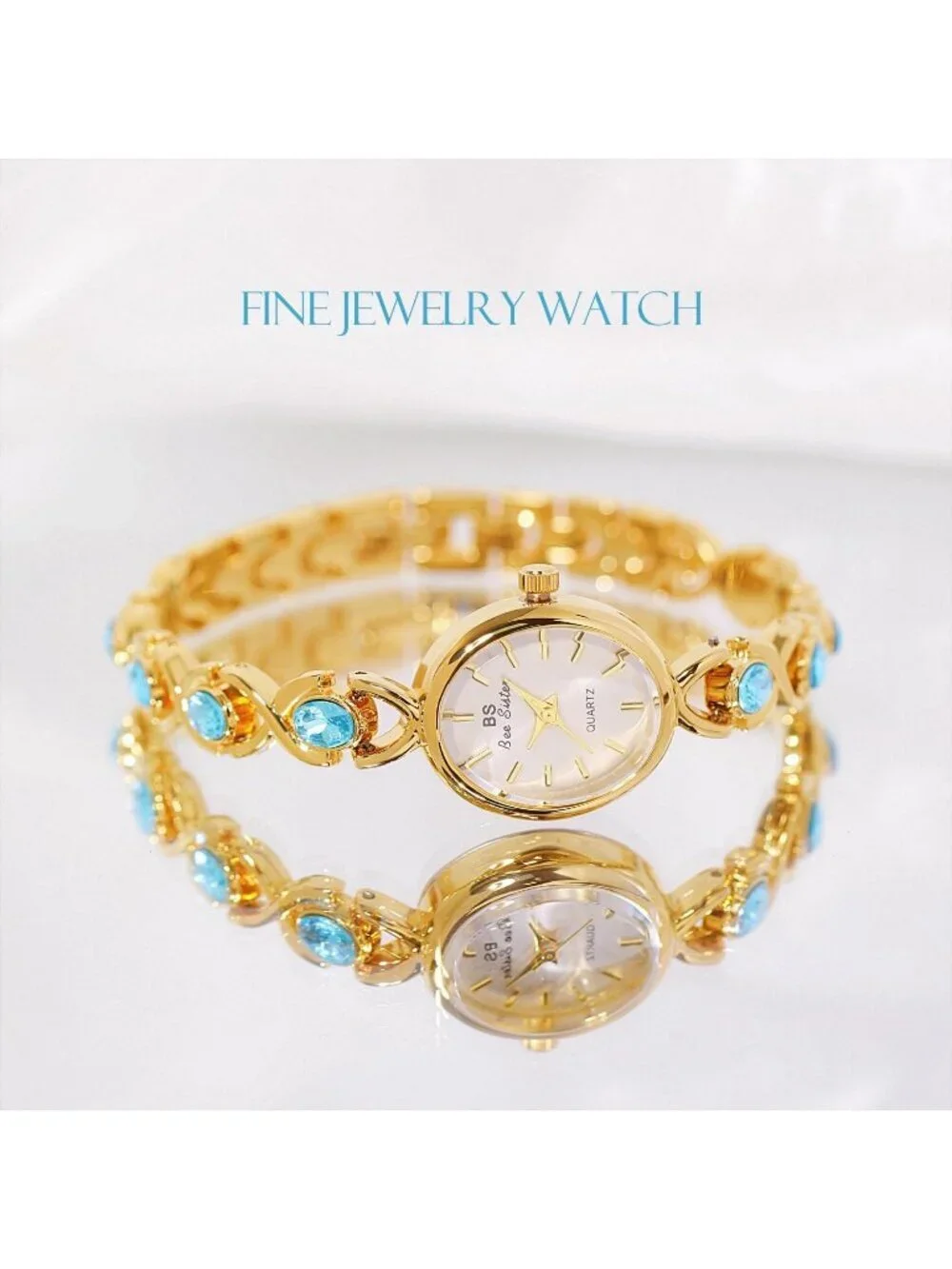 Womens Gold Sky Blue Analog Quartz Waterproof Oval Dainty Vintage Bracelet Watch